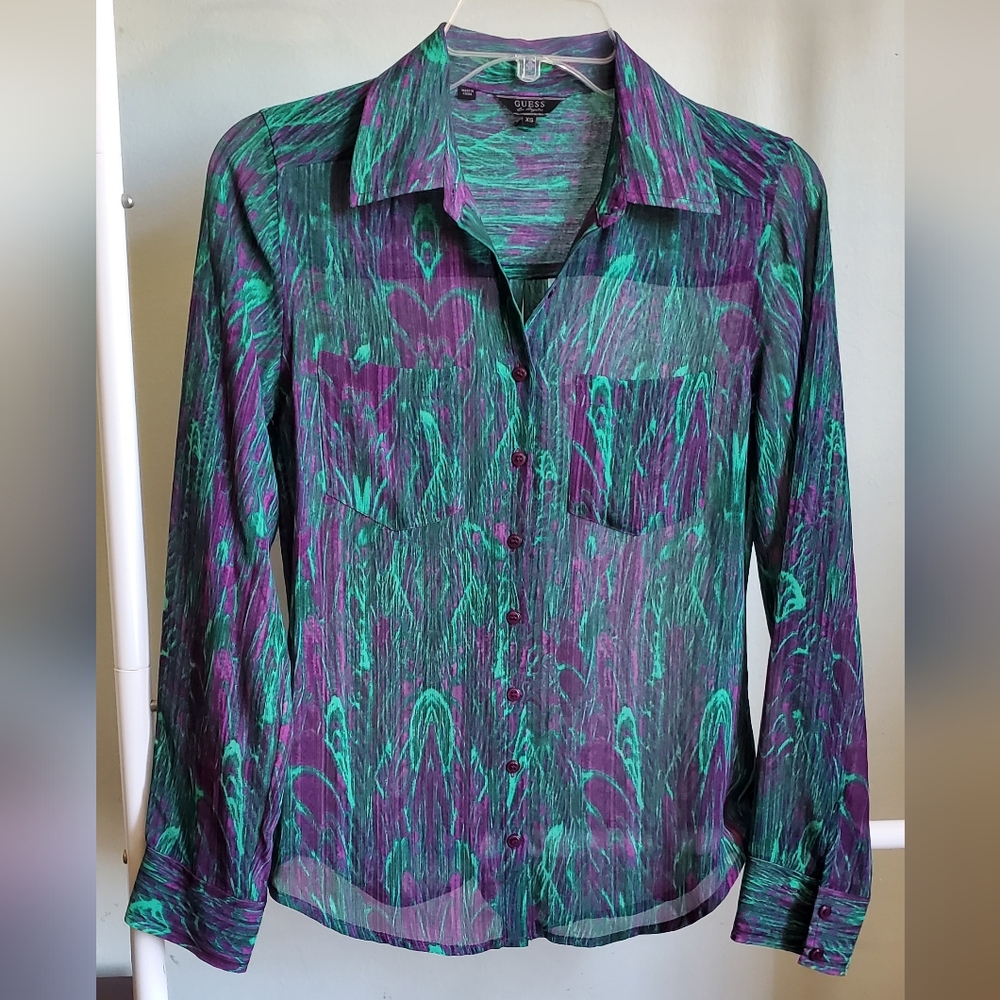 Guess Women’s Sheer Button-Up Blouse in Green & Purple, Size XS